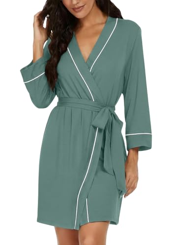Image of PrinStory Womens Robe Knee Length Soft Knit Bathrobe S-2XL | V-Neck 3 /4 Sleeve Robes with Pockets, Lightweight, Breathable Bath Robe for Shower, Spa, Travel, Home, Party, Nursing