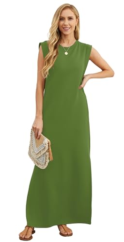 Image of GRECERELLE 2026 Women Year-Round Casual Round Neck Loose Split Wrinkle-Free Long Maxi Vacation Dress with Pockets (XXS-4XL)