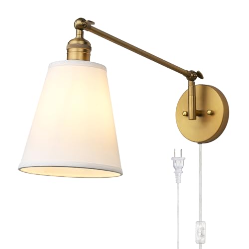 PERMO Retro Swing Arm Wall Sconce Plug in Wall Lamp Single Sconce Light Fixture with White Fabric...