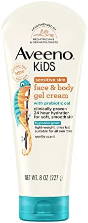 Aveeno Sensitive Skin Face & Body Gel Cream for Kids with Prebiotic Oat, Clinically Proven 24 Hour Hydration for Soft Skin, Quick Drying and Lightweight, Hypoallergenic, 8 oz