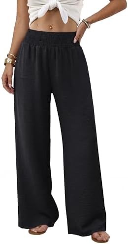 Sampeel Black Wide Leg Linen Pants Woman Boho Palazzo Trousers for Women 2026 Flowy Summer Beach Vacation Outfits Spring Cruise Travel Fashion Clothing Dressy Casual Lounge Resort Wear M