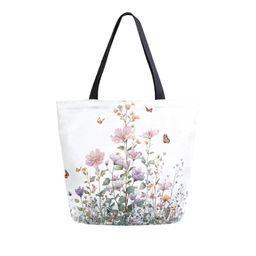 Extra Large Shoulder Tote Bag for Beach Travel Weekender Gym Watercolor Pink Flowers Green Leaves Butterfly Reusable Grocery Canvas Shopping Bag2