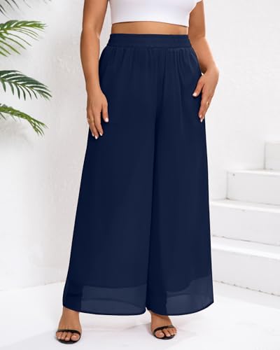 Plus Size Women's Chiffon Wide Leg Pant Flowy Palazoo Pant Loose Fit High Waisted Trouser for Ladies4