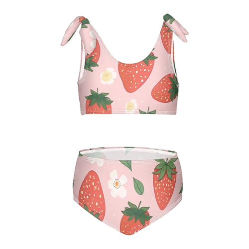 Girls' Bikini Set, Strawberry Green Leaves Cute Flower Kids Swimsuit 2 Pcs Beach Bathing Suit