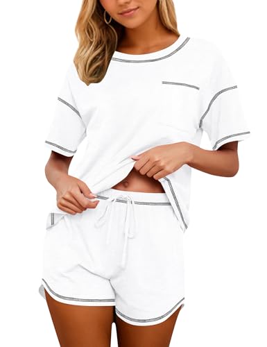 Image of KCW Pajamas for Women Set 2 Piece 100% Cotton Lounge Sets Short Sleeve Top and Shorts Pj Set Sleepwear Outfits