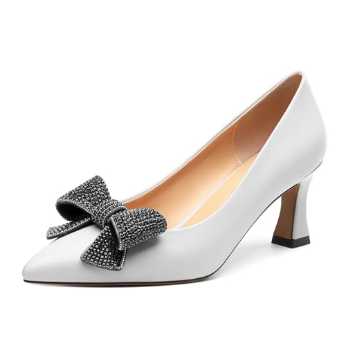 Image of Heels for Women Closed Patent Pointed Toe Bow Pumps Slip on Kitten Low Heels Wedding Party Dress Office Shoes 2.5Inch