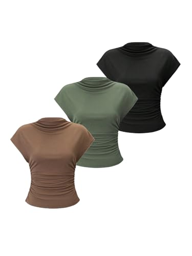 OYOANGLE Women's 3 Pack Mock Neck Cap Sleeve T Shirts Ruched Ribbed Knit Fitted Summer Tee Tops