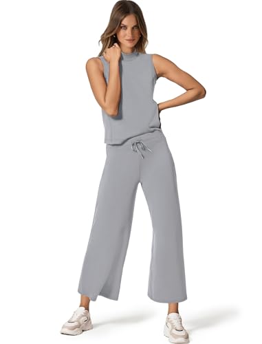 Image of SAMPEEL Two Piece Sets for Women Summer Outfits Lounge Sets Mock Neck Tops Wide Leg Crop Pants Vacation Travel Outfits