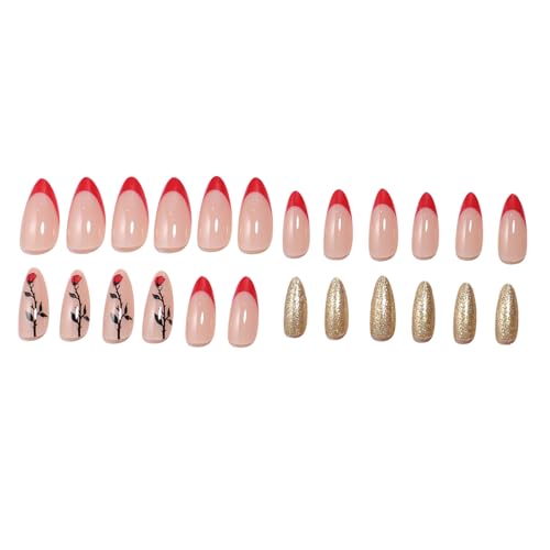 24pcsバレンタインデイ人工ネイルアーモンドフレンチヒントプレス爪の光沢のあるアクリルネイル女性のためのバラのデザイン