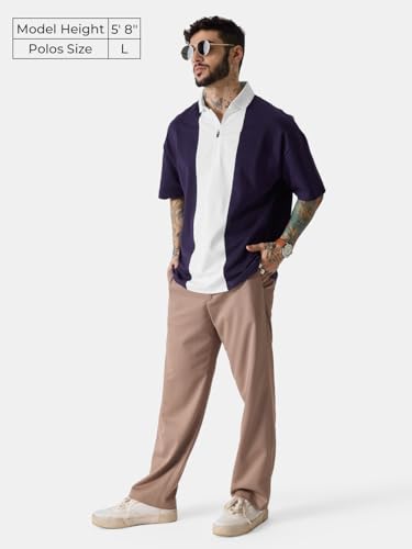Image of The Souled Store Solids: White & Berry Colourblock Men and Boys Oversized fit Half Sleeve Cotton Multicolored Oversized Polos