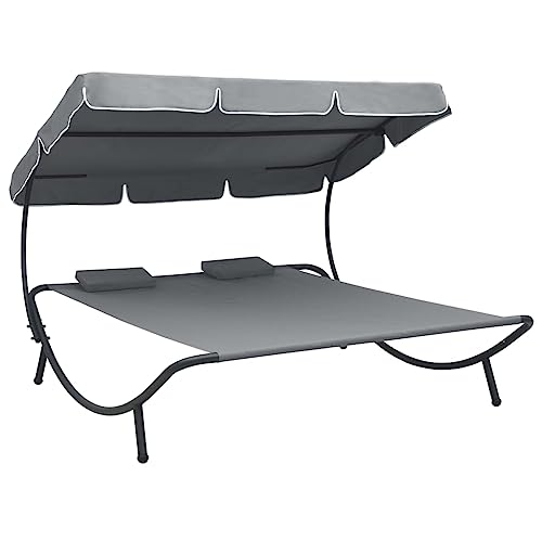 vidaXL Garten Sonnenliege mit Sonnendach Kissen Doppelliege Gartenliege Relaxliege Strandliege Liege Gartenmöbel Grau 200x173x135cm