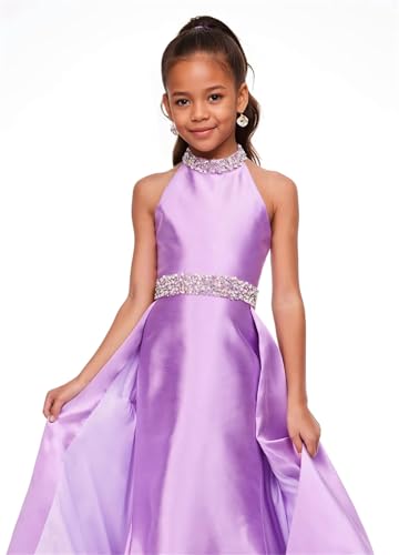 Halter Beaded Pageant Dresses for Girls Satin Ball Gown with Rhinestone Formal Prom Dress with Train Formal Dress3