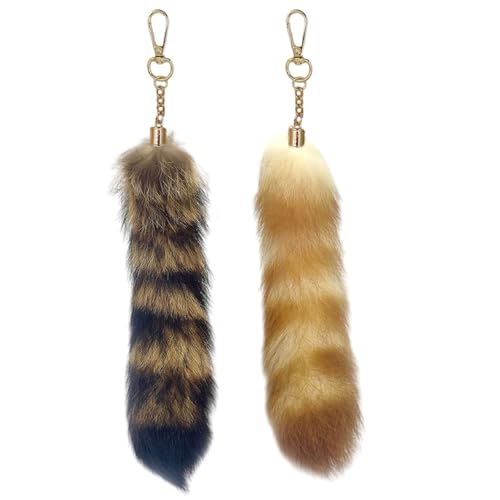 OuryTech Fuchsschwanz 2 Stück Therian Tail und Fuchs Anhänger Fluffy Raccoon Tail Keychain als Deko Cosplay Zubehör oder Schlüsselanhänger