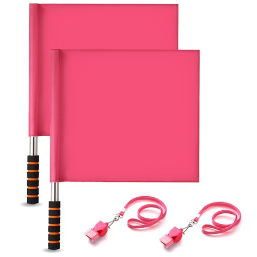 Lumina Garden 2 Pcs Volleyball Line Judge Flags 2pcs Pink Whistle with Lanyard for Referee Coach Safety Alert Referee Signal Flag with Sponge Handle for Linesman Sports Events Soccer Football