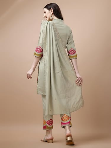 Image of Granthva Fab Women's Chanderi Silk Embroidered Straight Kurta with Palazzos and Dupatta