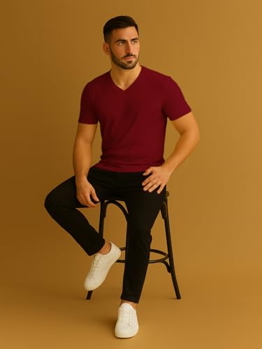 Image of Friskers Men's V-Neck Short Sleeves Cotton T-Shirt - Casual T-Shirt, Regular Fit