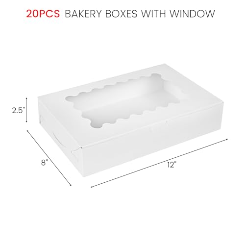VGOODALL Bakery Boxes with Window, 12x8x2.5 Inches, Set of 20, White Bakery Carrier with Inserts to Hold Cupcakes, Muffins and Pastries
