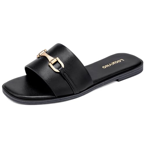 Womens Flat Sandals Dressy Square Open Toe Summer Slides Sandals Slip on Comfortable Leather Sandals for Women2