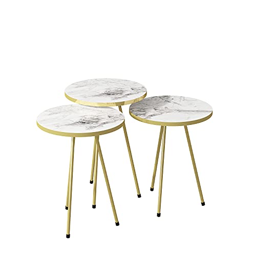 moebel17 6238 Beistelltisch 3er Set rund - Kaffee, Kaffeetisch Satztisch Metallgestell, Wohnzimmertisch Tisch, Weiß, Marmoroptik, goldene Füße, 38 cm Durchmesser, Höhe 46, 49, 52 cm 21766238 Cover