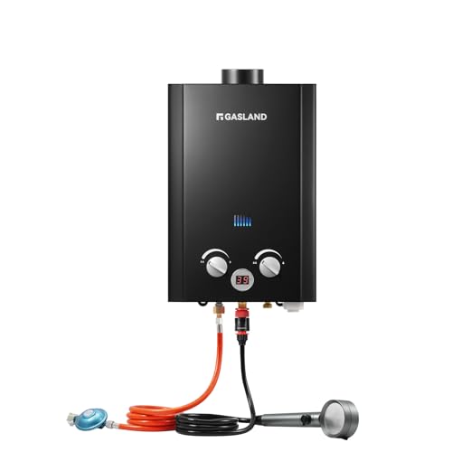 GASLAND BE264B - Scaldabagno a gas da 10 l, sistema doccia calda senza serbatoio, display digitale, caldaia istantanea a GPL, per doccia in camper, viaggi su strada