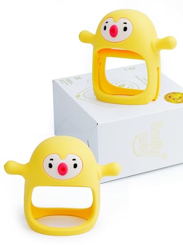 Image of Smily Mia Smily Mia 2Packs Penguin Teethers, TeethingToys for Babies 0-6Months, Baby Teethers for 3-6Months, Teething Mittens for Infants, Pacifiers for Breastfed Babies, Light Yellow