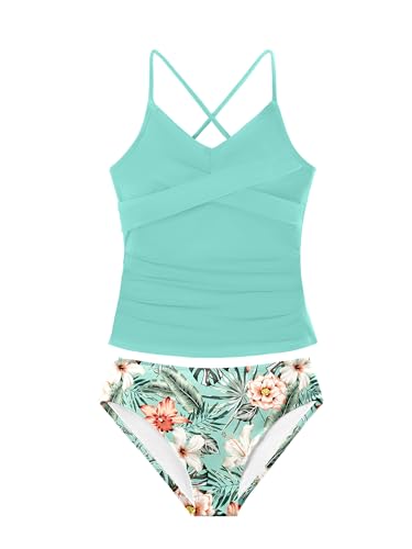 Image of Girls Swimsuit Tankini Criss Cross Ruched 2 Piece Bathing Suit Printed Girl Swimwear for Teens 9-16Y