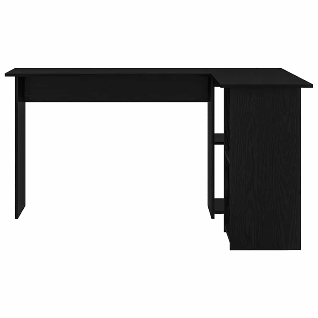 Scrivania con mensola nera, effetto rovere, in legno, 142 x 102 x 73 cm, moderna scrivania angolare per ufficio e studenti, con molto spazio e design robusto