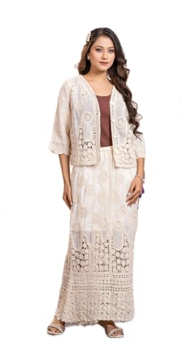 Image of CHEVAUX Womens Embroidered Crochet Co-ord Set Self Design Straight Skirt with Shrug Jacket Ethnic Western Outfit for Women and Girls Casual Partee-Wear Summer Dress Set