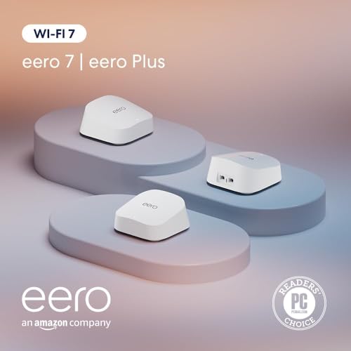 Image of Amazon eero 7 with 1 month free eero Plus (auto-renews) - Supports internet plans up to 2.5 Gbps, Coverage up to 6,000 sq. ft., Connect 120+ devices, 3-pack