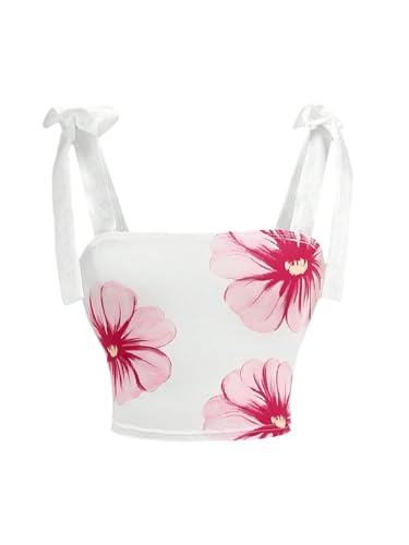 Girl's Bow Tie Shoulder Crop Sleeveless Tops Floral Square Neck Backless Tank Top