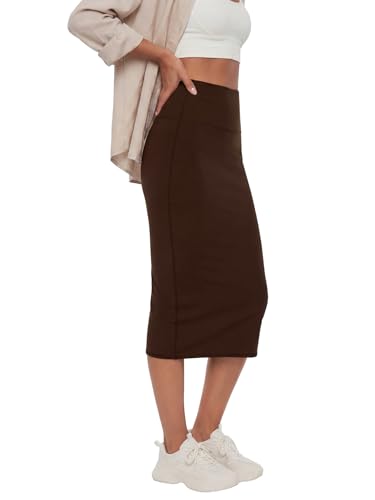 Image of Rooscier Women's High Waisted Pencil Midi Skirt | Stretchy Bodycon Knee Length Skirts with Back Slit