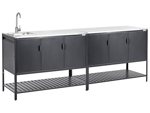 Beliani Outdoor-Küchenschrank 2-teilig Stahl schwarz mit Spüle Edelstahlplatte Silber Maenza