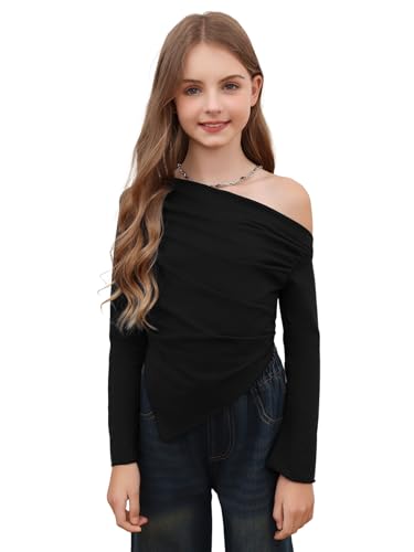 SOLY HUX Girl's Off Shoulder Long Sleeve Shirts Y2k Asymmetrical Fitted Tee Shirt Crop Tops2
