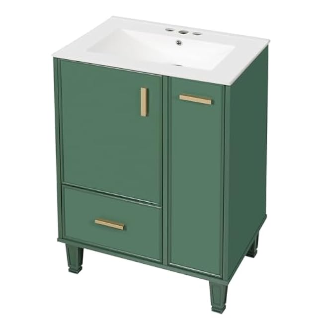 Small 24 Bathroom Vanity Ceramic Sink Combo, Modern Lavatory Freestanding Storage Cabinet with Door Shelf & Deep Drawer & 2-Tier Pull-Out Basket, Solid Wood Frame, Green