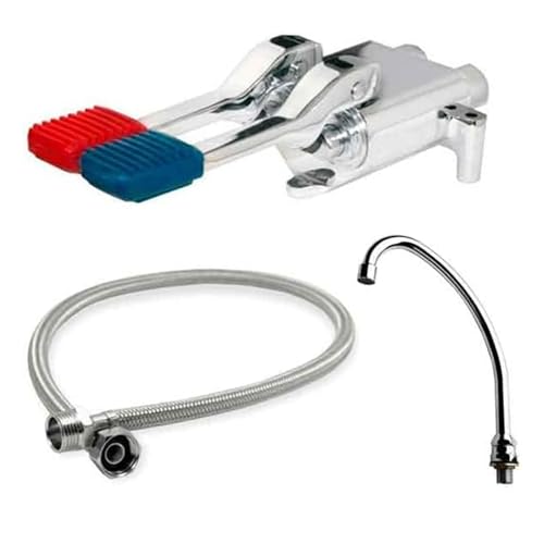 KIT Completo Grifo De Pedal 2 Aguas - Grifo Cocina Industrial Con Pedal Auto Mezclador Agua Fría Y Caliente, Con Flexo Latiguillo, Caño Alto Con Difusor De Agua Y Base De Fijación, Uso En Hostelería Y