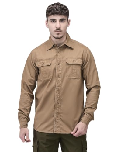 Image of Woodland Men's Camel Solid Casual Shirt | 100% Cotton Regular Fit Button-Down Shirt with Cutaway Collar & Flap Pockets | Office Wear & Weekend Casual