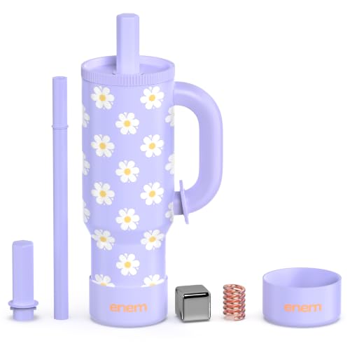 Image of enem Lilac Bloom Plugged Straw Tumbler with Handle, Stainless Steel Large Travel Mug Water Cup, Mug Travel with 1 Metal Ice Cube, 1 Copper Spring (Tamba) & Base Protector, 1.2L