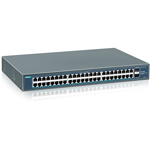 YuanLey Switch PoE Gigabit de 48 Puertos No Gestionado con 2 SFP 1000Mbps, Conmutador de Red PoE+ 802.3af/at 800W 50 Puertos, Conmutador Power Over Ethernet Metal para Montaje en Bastidor