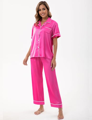 Image of UMBY Silk Satin Pajamas for Women Set 2 Piece button down Soft Silk Pjs Sets Cozy Silky Pajama Short Sleeve