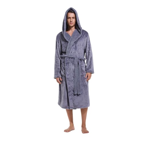 Mens Hooded Robe,Plush Robes for Men,Soft Warm Fleece Bathrobe Shower Spa Long Robe With Pockets