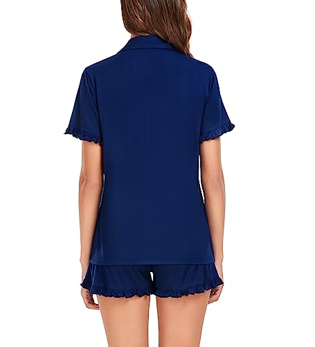 Image of SWOMOG Woman Pajama Set Short Sleeve Pjs Set 2Pcs Short Pajamas Button Down Ruffle Hem Sleepwear Soft Modal Loungewear