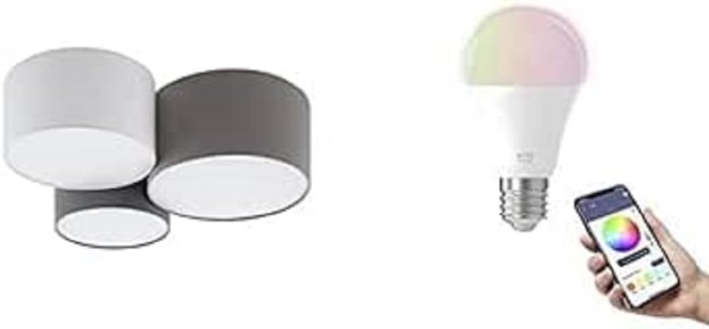 EGLO Deckenlampe Pastore, dimmbare Textil Deckenleuchte inkl. 3 E27 Smart Home connect.z LED Leuchtmittel, Stahl und Stoff in weiß, anthrazit braun und grau, RGB, warmweiß-kaltweiß