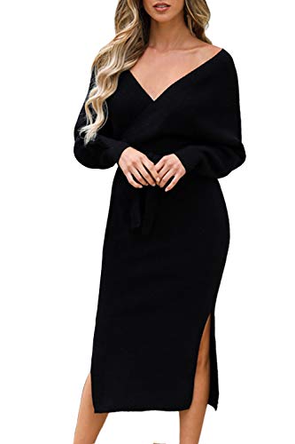 Viottiset Women's Deep V Neck Long Sleeve Sexy Slim Elegant Open Back Wrap Bodycon Holiday Slit Long Maxi Knit Sweater Dresses With Belt Black Medium #TOP1
