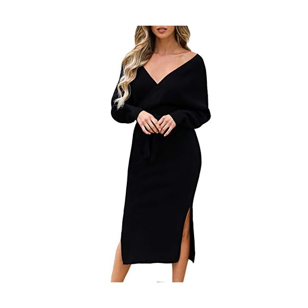 Viottiset Women's V Neck Long Sleeve Sexy Elegant Backless Wrap Bodycon Slit Long Midi Sweater Dress with Belt - Image 3