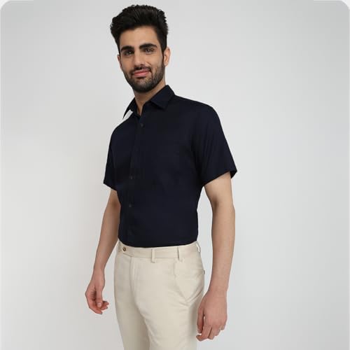 Image of Raymond Men Contemporary Fit Solid Pattern Pure Cotton Semi Cutaway Collar Half Sleeve Formal Shirt