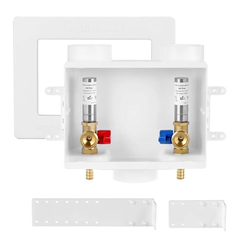 SECKWHALE Premium Washing Machine Outlet Box with Stainless Steel Water Hammer Arrestor 1/2-Inch Pex Crimp x 3/4-Inch MHT Connection Laundry Washer Valve Outlet Box with Clear Text Instructions
