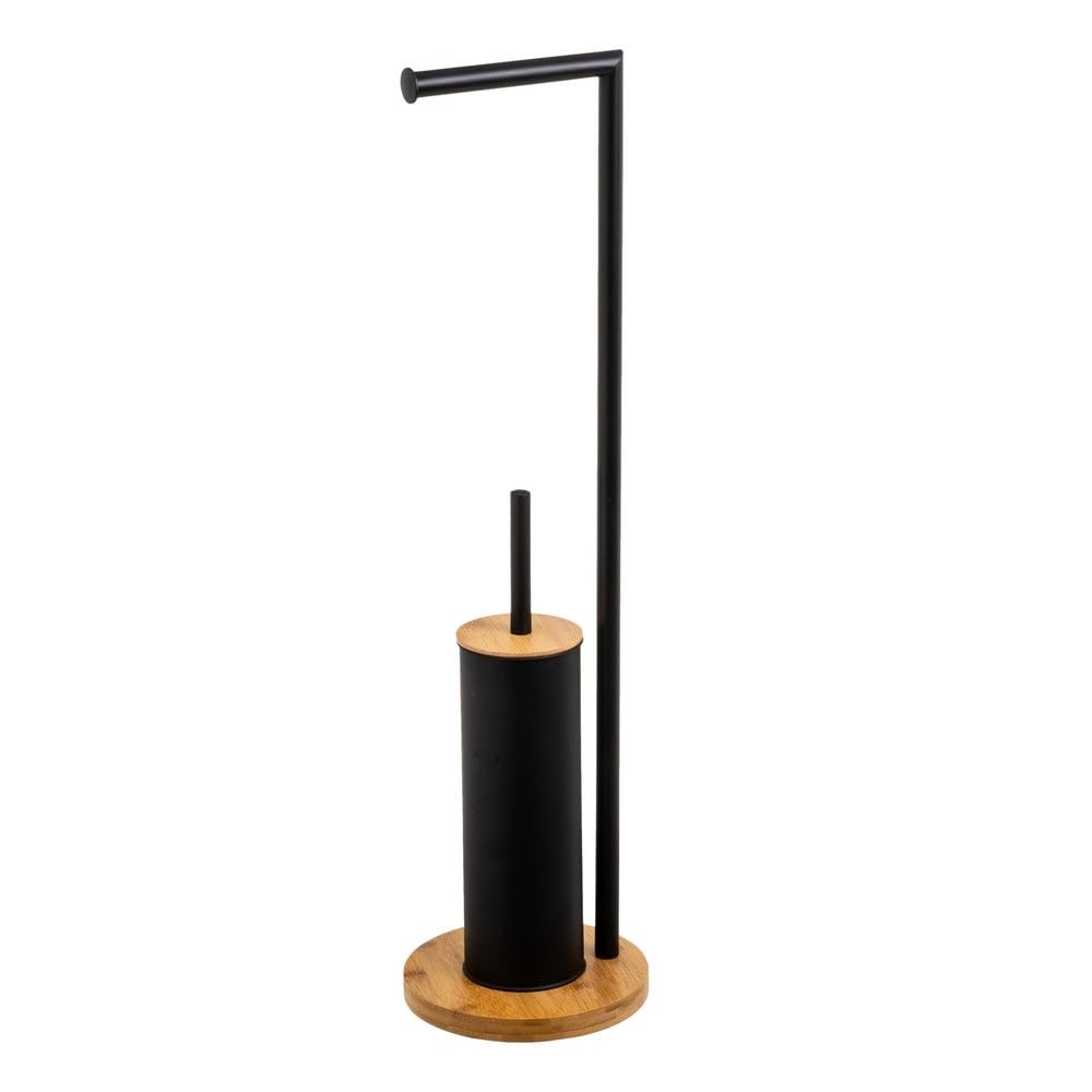 Portarrollos Redondo de Metal Negro y Base de bambú con escobilla 73cm | Soporte de pie para papel higiénico y escobillero sin taladro. Muy cómodo y moderno.