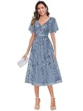 ZOOYYUE Kleider Große Größen Festlich,Damen Tee Länge Pailletten Brautmutterkleider Rüschen Abendkleider Elegant Für Hochzeit Mutter Der Braut Festliche Kleider Staubig Blau 40