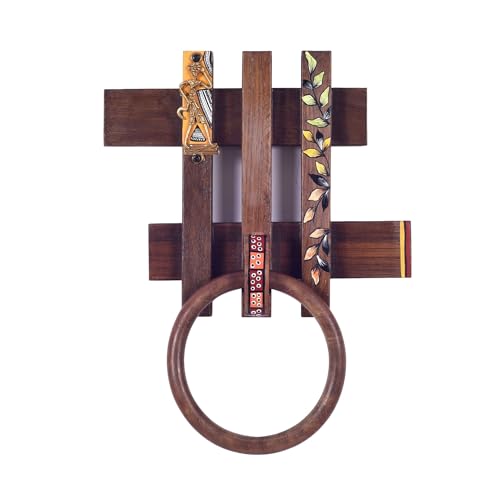 Image of Aakriti Art Creations Modern Art Mango Wood Towel Holder | Leafy Slots Handcrafted Towel Hanger | Matte Finish Brown Wall Mounted Towel Holder for Bath & Wash Area