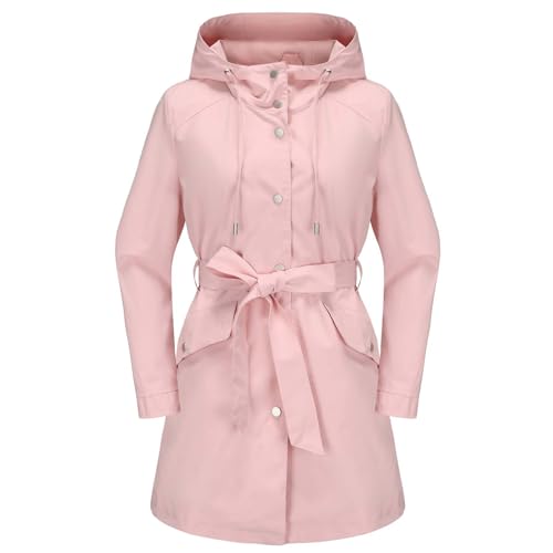 NSICBMNO Wasserdichte Damen-Jacke, langer Regenmantel, leicht, wasserdicht, einreihig, Trenchcoat mit Gürtel, Kapuze, Regenjacke, Regenponcho für Arbeit, Reisen, Streetwear,...